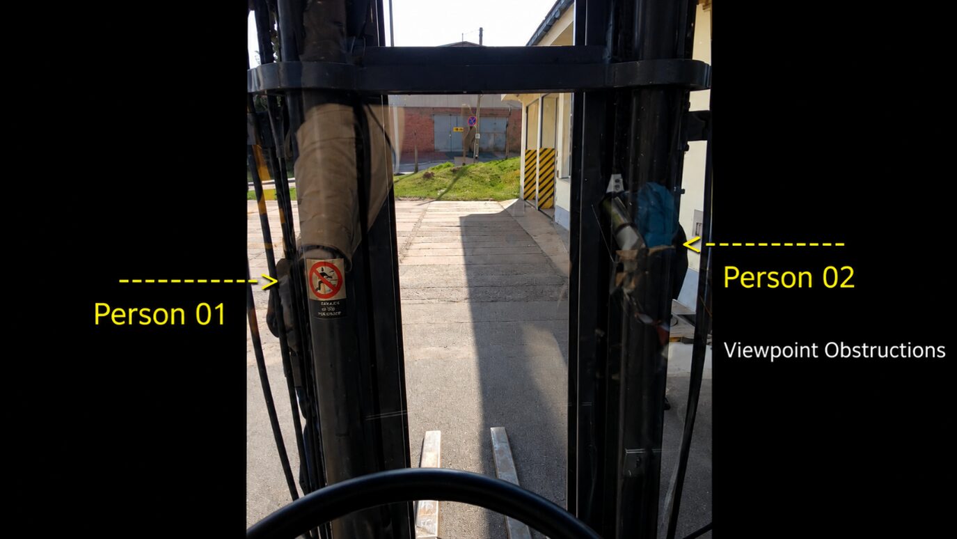 Reconstructed driver viewpoint demonstrating how the forklift’s support pillars created temporary blind spots, obscuring pedestrians from view at key moments. Reconstructed driver viewpoint demonstrating how the forklift’s support pillars created temporary blind spots, obscuring pedestrians from view at key moments.
