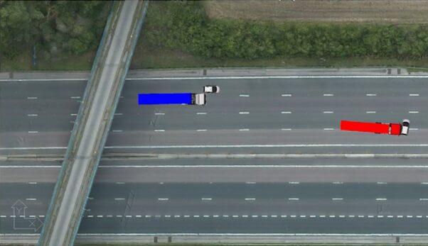 Visual representation of the motorway road layout and vehicle positions at the time of the HGV 1 and HGV 2 collision with the car. Visual representation of the motorway road layout and vehicle positions at the time of the HGV 1 and HGV 2 collision with the car.