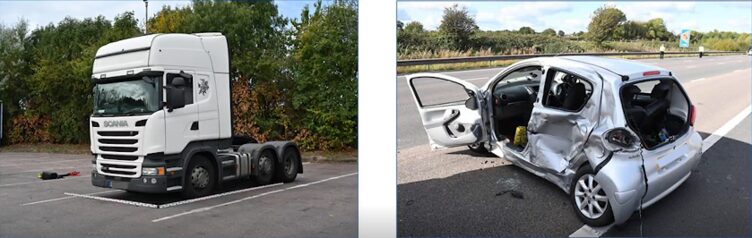 Comparison of damage between HGV 1 and the car involved in the incident. Comparison of damage between HGV 1 and the car involved in the incident.